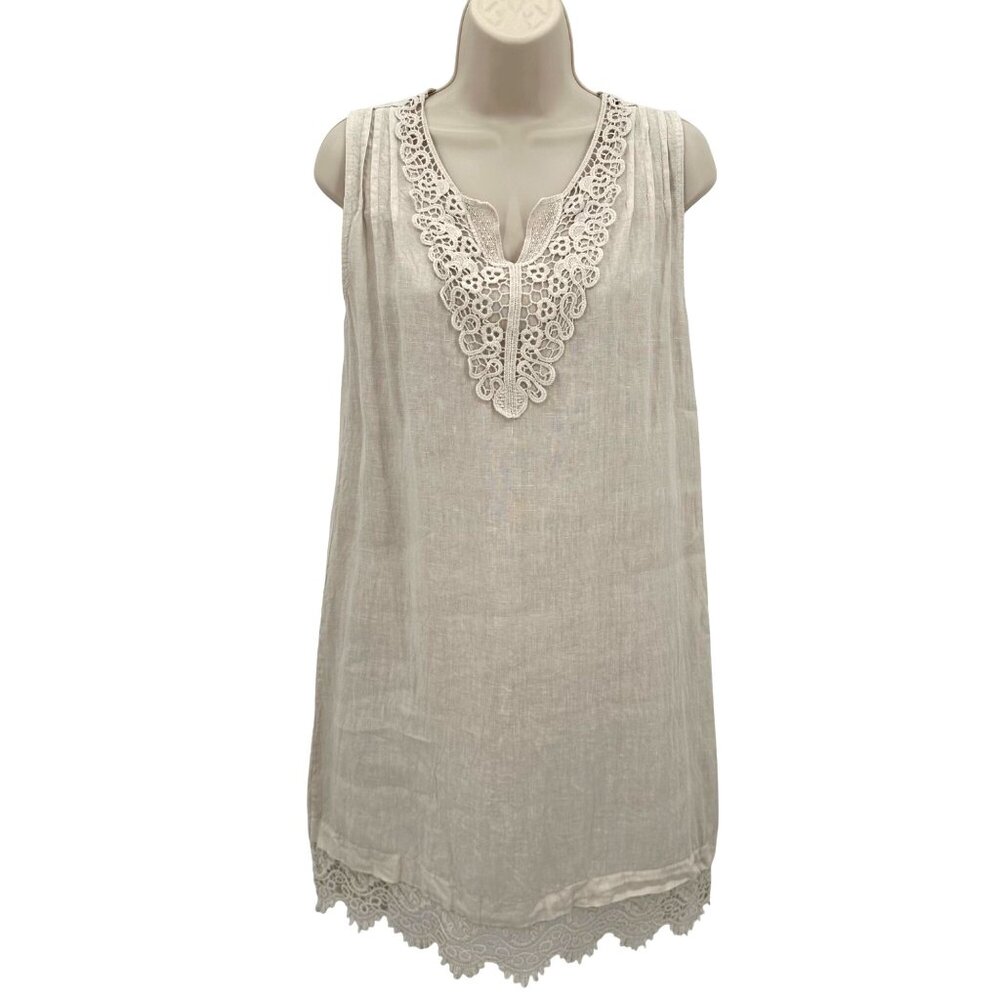 Carla Conti Womens Linen Sleeveless Tunic Dress Lace Trimmed Neck & Hem Beige S